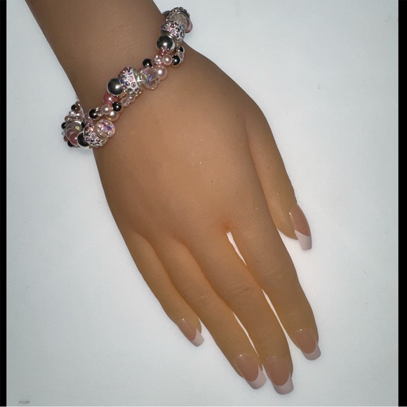 Pink Pearl & Crystal Encrusted Donut Bead Crystal Twisted Beaded Bracelet - Picture 2 of 6